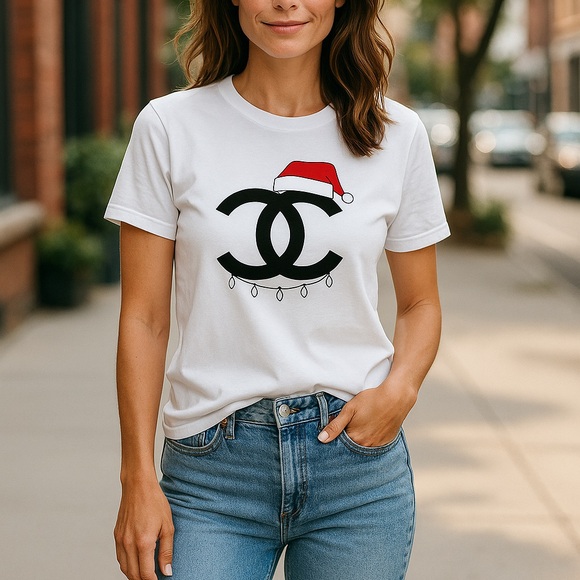 Luxury Christmas T Shirt Chanel Santa White Casual Shirt Sleeve Holiday - Picture 1 of 3